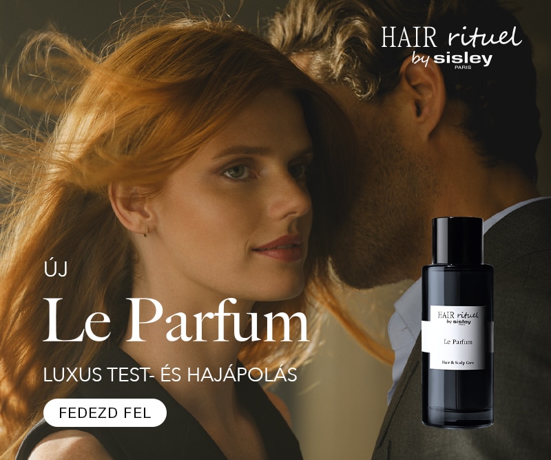 Hair Rituel by Sisley Le Parfum luxus test- és hajápoló termék elegáns fekete üvegben, stílusos háttérrel.