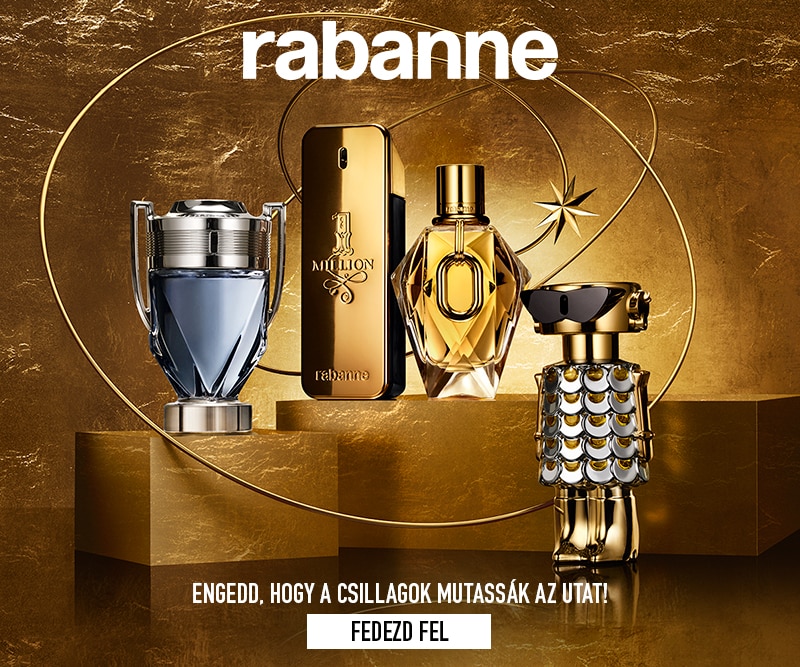 Rabanne luxus parfüm kollekció – 1 Million arany üveg, Invictus kék üveg és exkluzív illatok elegáns arany háttérrel, ideális ajándék és online vásárlás.