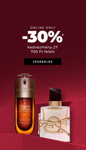 Online akció: -30% kedvezmény 27 700 Ft felett, Clarins Double Serum és Yves Saint Laurent parfüm piros háttéren.