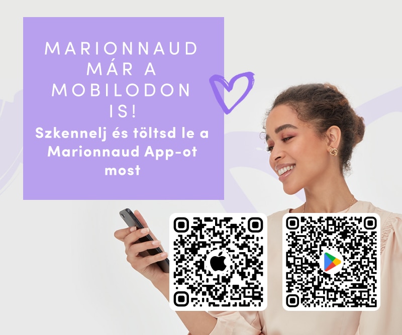 Marionnaud mobilapp letöltésére ösztönző banner QR-kódokkal iOS és Android készülékekhez.