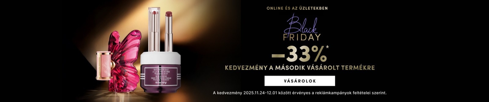 Black Friday akció – 33% kedvezmény a második vásárolt termékre. Luxus kozmetikumok Sisley és parfüm rózsaszín pillangó alakú üvegben. Online ajánlat érvényes 2025.11.24–12.01.