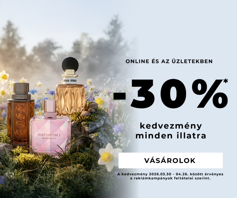 Márkás parfümök válogatása virágos háttéren, −30% kedvezmény minden illatra online és az üzletekben.