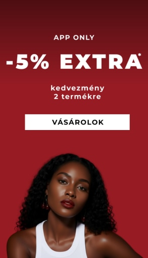App-only akció: extra 5% kedvezmény két termék vásárlásakor, piros háttér, fehér szöveg és Vásárolok gomb.