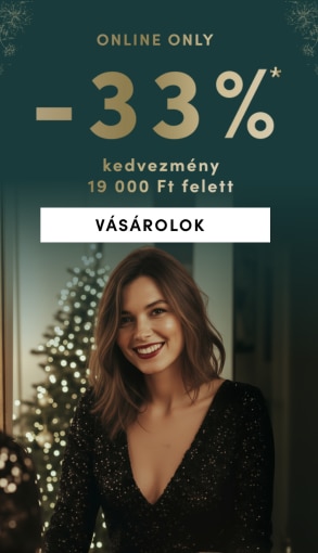 Karácsonyi dekoráció fényes fenyőfával és ünnepi asztallal, mellette banner online 33% kedvezménnyel 19 000 Ft feletti vásárlásra, akció érvényes 2025.12.8–24, gomb „Vásárolok”