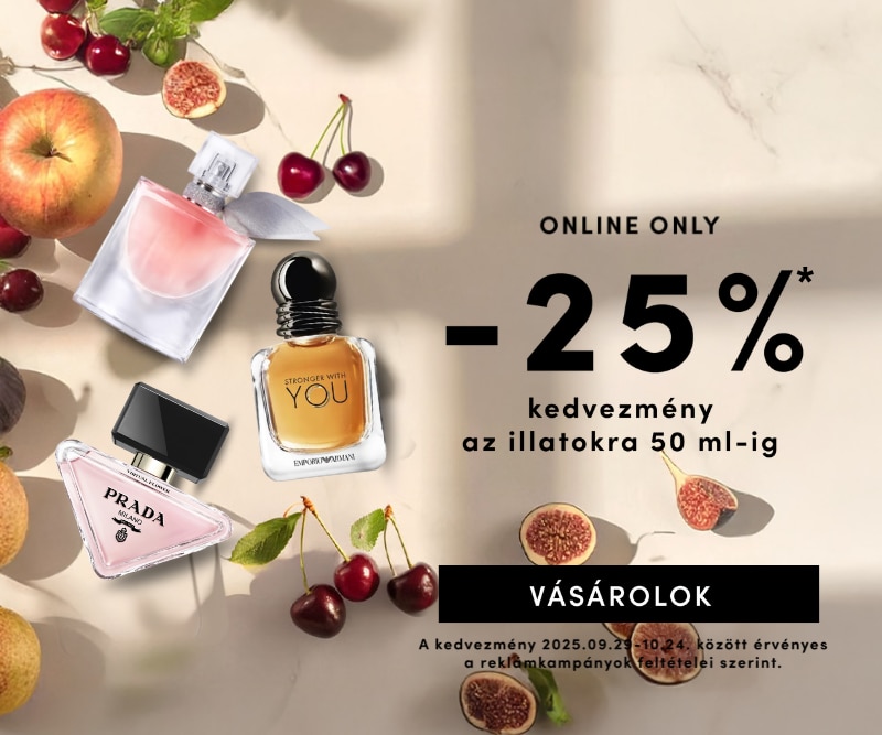 Online akció: 25% kedvezmény parfümökre 50 ml-ig, Armani, Prada és gyümölcsös dizájn, érvényes 2025.09.21–10.24