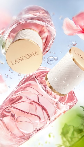 Lancôme Idôle Eau de Parfum – két elegáns üveg rózsaszín illattal és virágos háttérrel, prémium női parfüm.