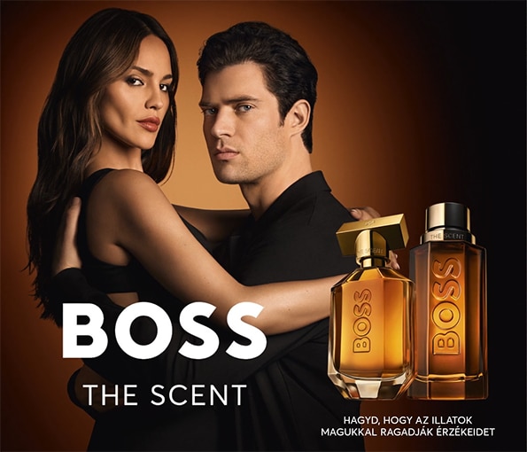 HBO_SCENT_EDPI_W_26_marionnaud-one-grid-595x510.jpg Hugo Boss The Scent női és férfi parfüm párban, luxus borostyán árnyalatú üvegekben, elegáns fekete háttéren.
