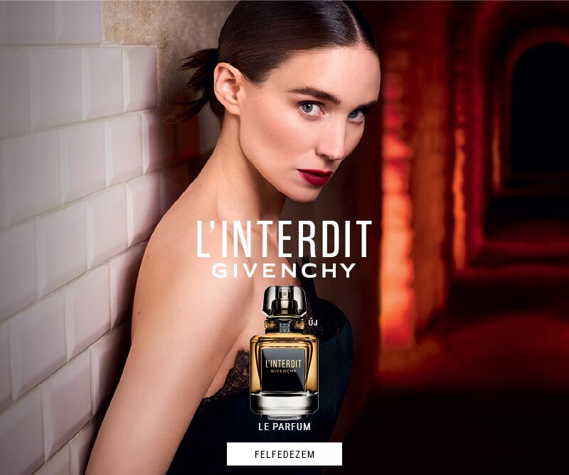 Givenchy L&apos;Interdit Le Parfum – elegáns női modell és parfüm üveg középen, felfedezés gombbal, luxus illat reklám