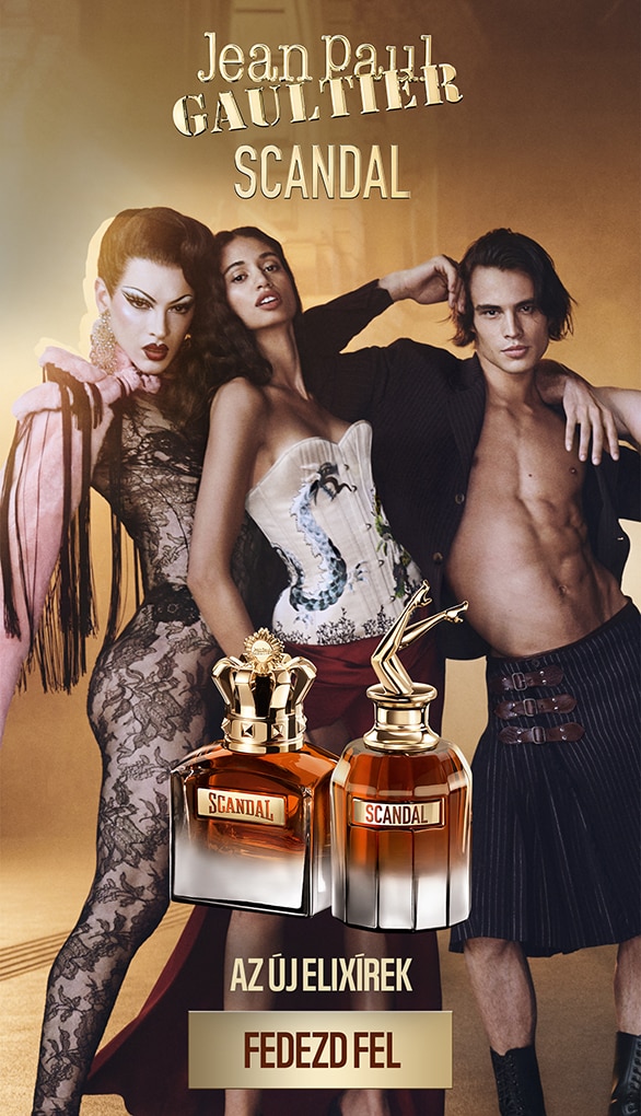 Jean Paul Gaultier Scandal elixír parfümök luxus üvegben, extravagáns divathangulatú reklámbanneren.