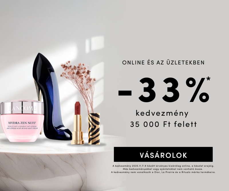 Online kedvezmény 33% 35 000 Ft feletti vásárlás esetén, érvényes 2025.11.7–9. A képen Lancôme Hydra Zen Nuit krém, parfüm cipő alakban és rúzs világos háttéren.