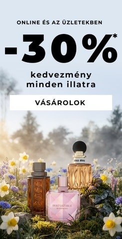Márkás parfümök válogatása virágos háttéren, −30% kedvezmény minden illatra online és az üzletekben.
