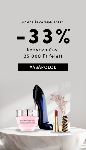 Online kedvezmény 33% 35 000 Ft feletti vásárlás esetén, érvényes 2025.11.7–9. A képen Lancôme Hydra Zen Nuit krém, parfüm cipő alakban és rúzs világos háttéren.