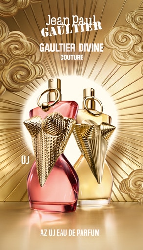 02-jpg-gaultier-divine-marionnaud-one-grid-medium-293x510.jpg Jean Paul Gaultier Divine Couture női Eau de Parfum, prémium kampányvizuál arany háttérrel.