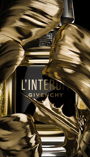 Givenchy L&apos;Interdit parfüm arany díszítéssel – elegáns és luxus illat nőknek, online vásárlásra ajánlva.