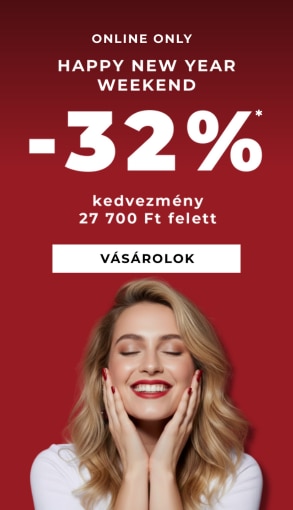 Online akció Happy New Year Weekend: 32% kedvezmény 27 700 Ft feletti vásárlásra, érvényes 2026.01.02–05, Vásárolok gomb.