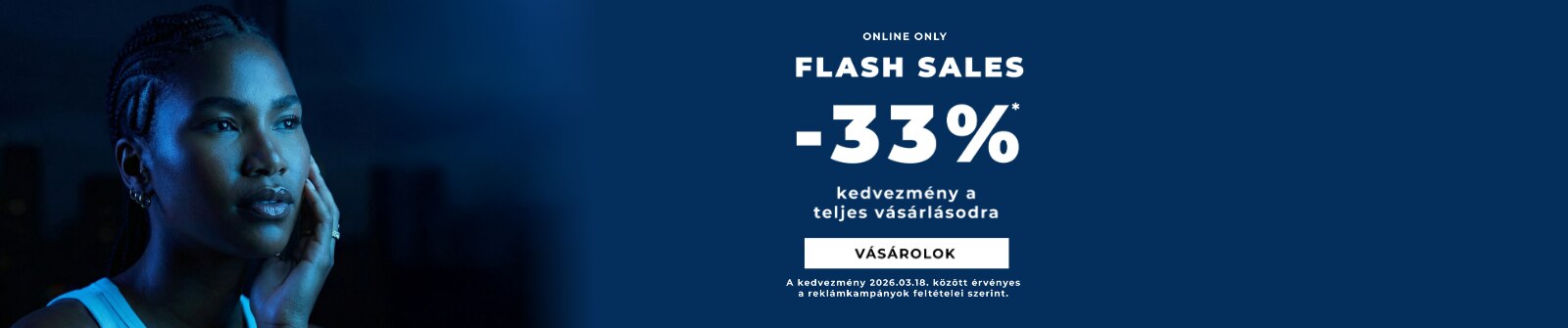 Flash Sales promóciós banner 33% kedvezménnyel és Vásárolok gombbal.