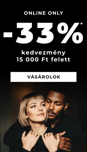 Online exkluzív – 33% kedvezmény 15 000 Ft feletti vásárlásra, promóciós banner sötét háttérrel