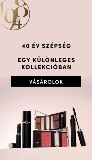 Sminkkollekció 40 éves jubileumra – rúzs, szempillaspirál és paletták elegáns fekete csomagolásban, felirat: 40 év szépség, egy különleges kollekcióban.