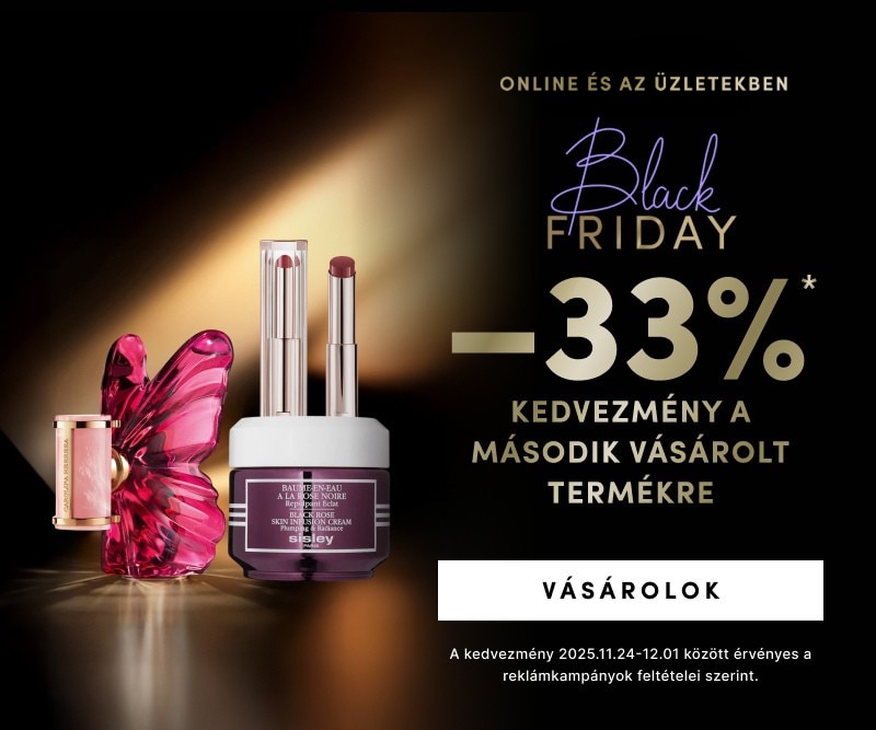 Black Friday akció – 33% kedvezmény a második vásárolt termékre. Luxus kozmetikumok Sisley és parfüm rózsaszín pillangó alakú üvegben. Online ajánlat érvényes 2025.11.24–12.01.