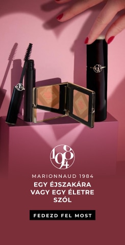 Marionnaud 1984 sminkszett szempillaspirállal, kompakt púderrel és rúzzsal, rózsaszín háttéren, nappali és esti használatra.