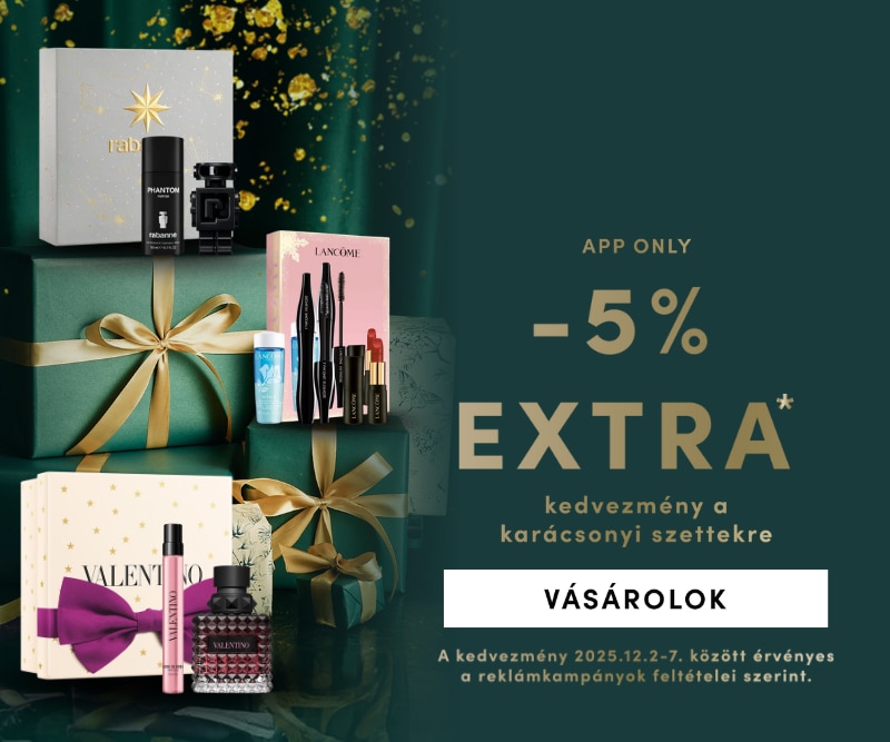 Extra 5% kedvezmény karácsonyi ajándék szettekre az applikációban – Rabanne, Lancôme, Valentino luxus csomagok.