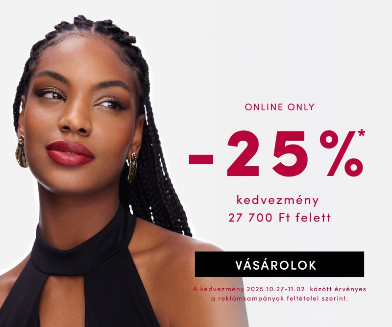 Online akció: 25% kedvezmény 27 700 Ft feletti vásárlásra, érvényes 2025.10.27–11.02. Kép arany fülbevalós személlyel