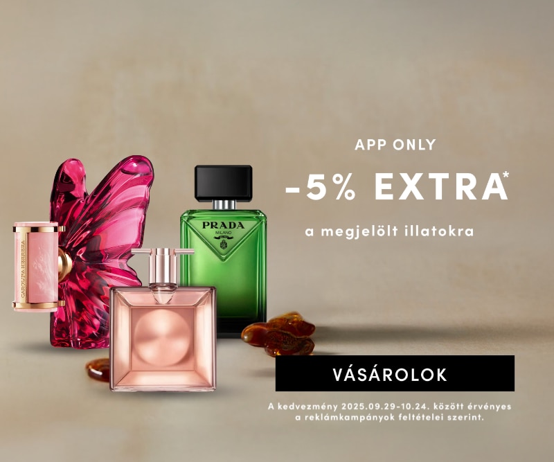 App-exkluzív 5% extra kedvezmény megjelölt parfümökre, köztük Prada – érvényes 2025.09.29–10.24 között.