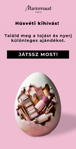 "Húsvéti kihívás: feltört húsvéti tojás kozmetikai termékekkel rózsaszín háttéren, a szöveggel „Találd meg a tojást és nyerj különleges ajándékot”, valamint „Játssz most!” gombbal.