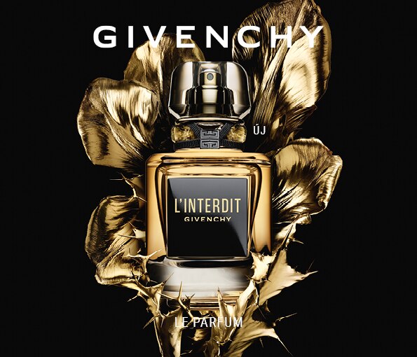 Givenchy L&apos;Interdit Le Parfum – új illat arany virágokkal körülvéve, fekete háttéren, luxus megjelenés.