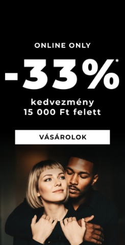 Online exkluzív – 33% kedvezmény 15 000 Ft feletti vásárlásra, promóciós banner sötét háttérrel