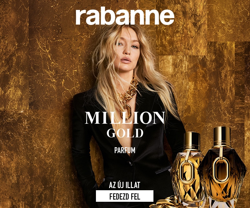 Rabanne Million Gold Parfum – két aranyszínű parfüm üveg luxus háttéren, az új illat felfedezésére