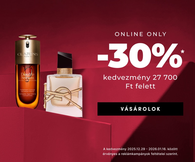2025MCE1591-HP_800x667-MHU.jpg Online akció: -30% kedvezmény 27 700 Ft felett, Clarins Double Serum és Yves Saint Laurent parfüm piros háttéren.