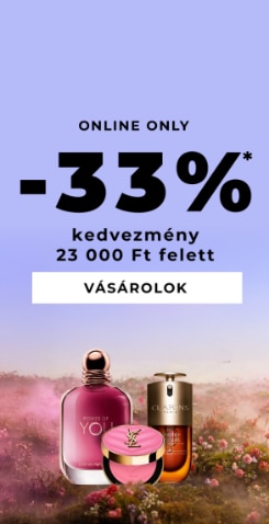 33% kedvezmény kiválasztott szépségápolási termékekre 23 000 Ft feletti online vásárlás esetén, virágos háttérrel.