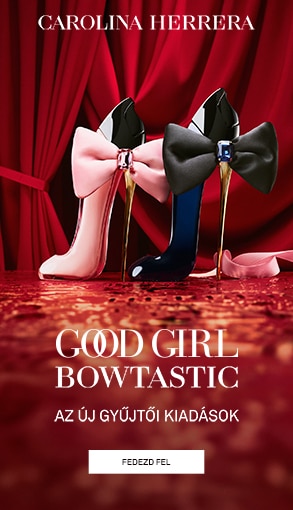 Carolina Herrera Good Girl Bowtastic parfüm gyűjtői kiadás, stiletto formájú üvegek rózsaszín és fekete masnival, piros függöny háttér előtt.