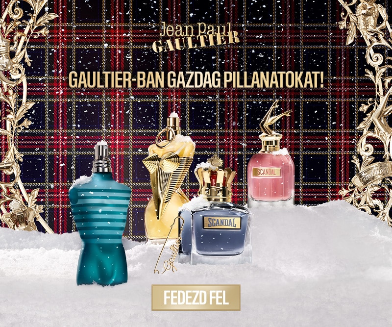 Jean Paul Gaultier parfümök ünnepi kollekciója hóesésben, ikonikus üvegek és luxus illatok online vásárláshoz.