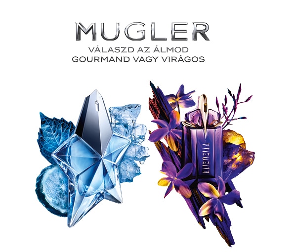 Mugler parfümök – Gourmand és Virágos illatok csillag alakú kék és lila üvegben, jég és virág dekorációval