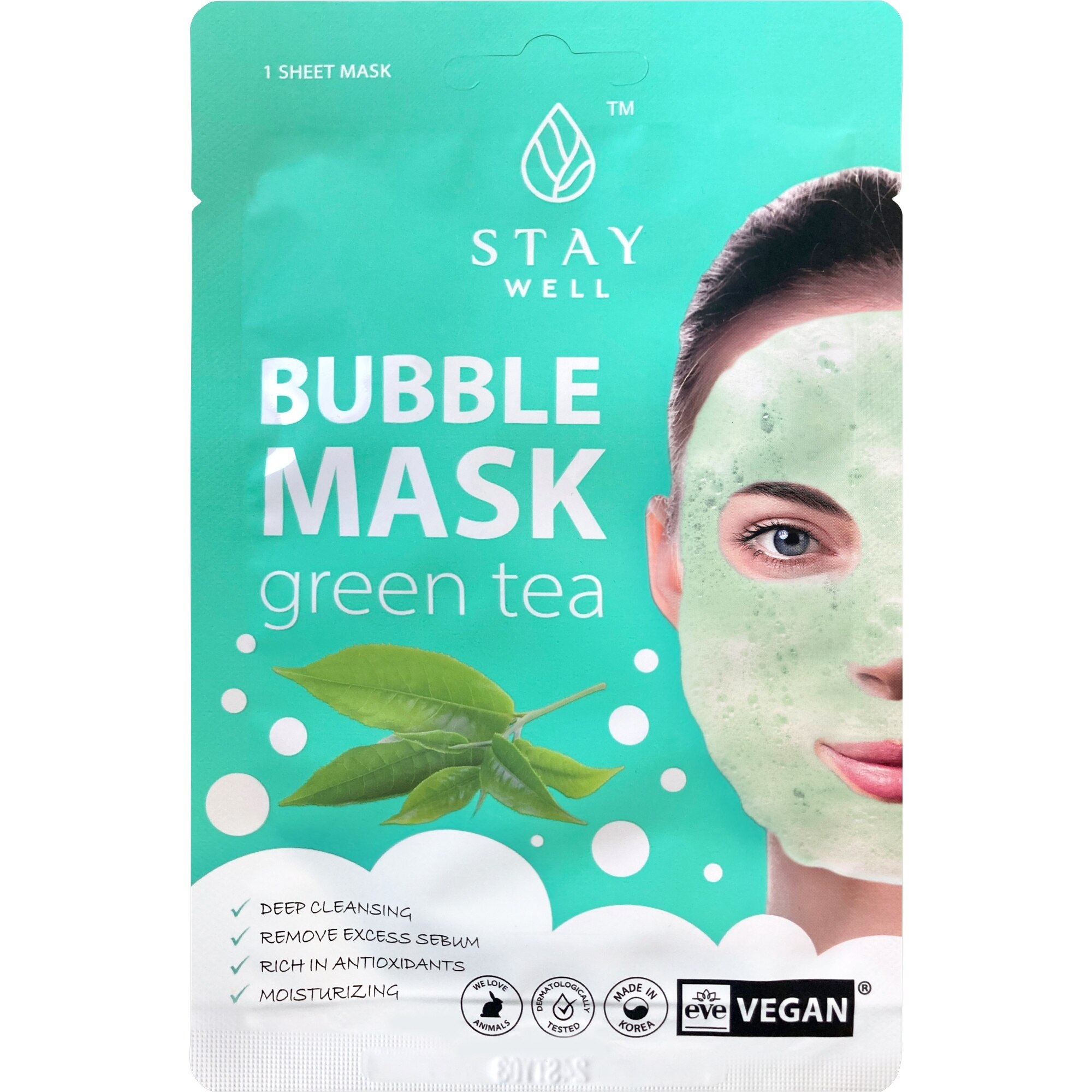 20 G STAY WELL SKIN-CARE Fátyolmaszk-Bubble Mask Green Tea 1 of 2