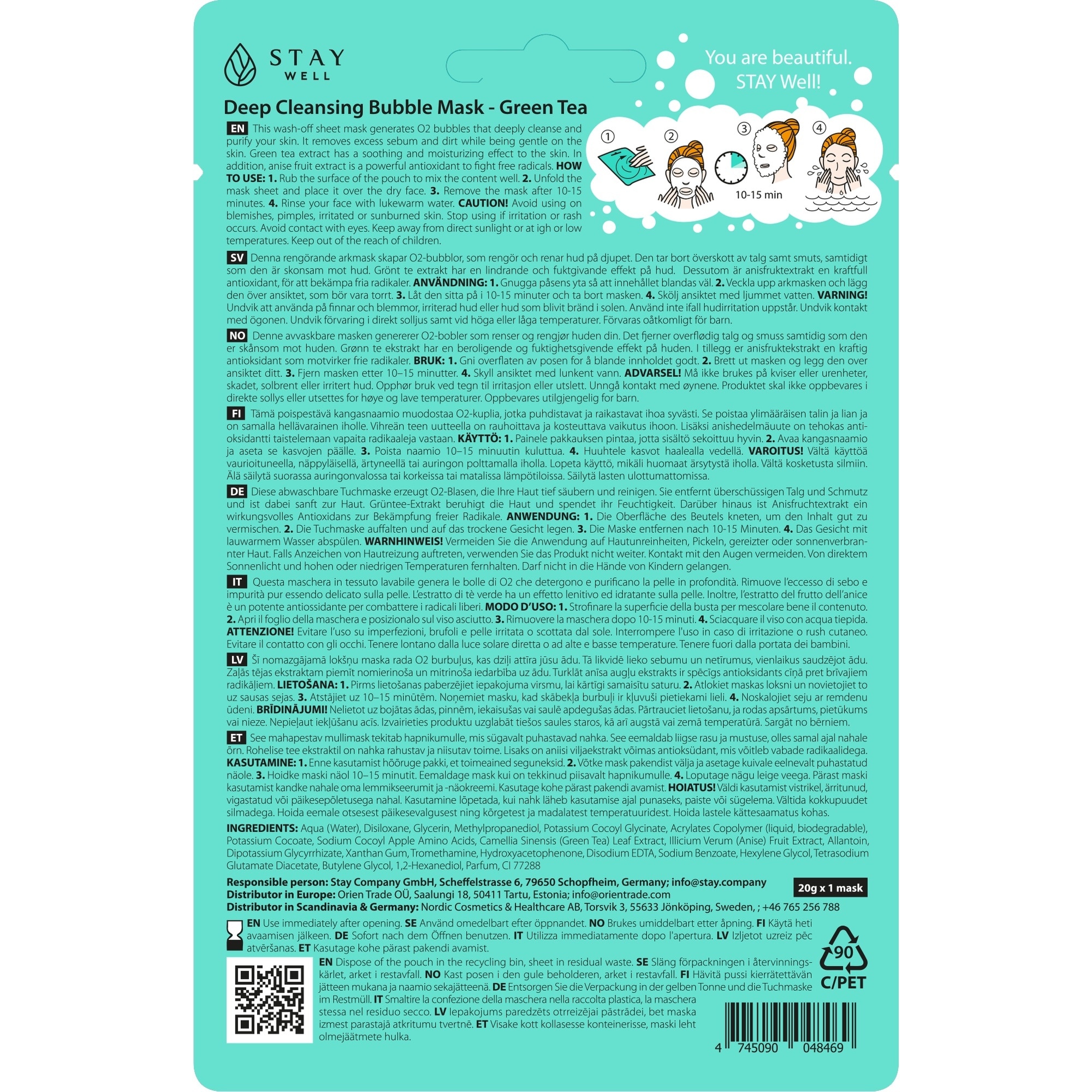 20 G STAY WELL SKIN-CARE Fátyolmaszk-Bubble Mask Green Tea 1 of 2