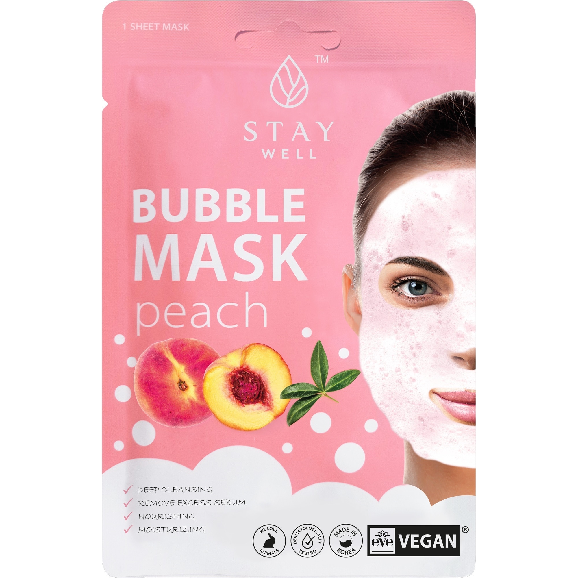 20 G STAY WELL SKIN-CARE Fátyolmaszk-Bubble Mask Peach 1 of 2 Fátyolmaszk-Bubble Mask Peach