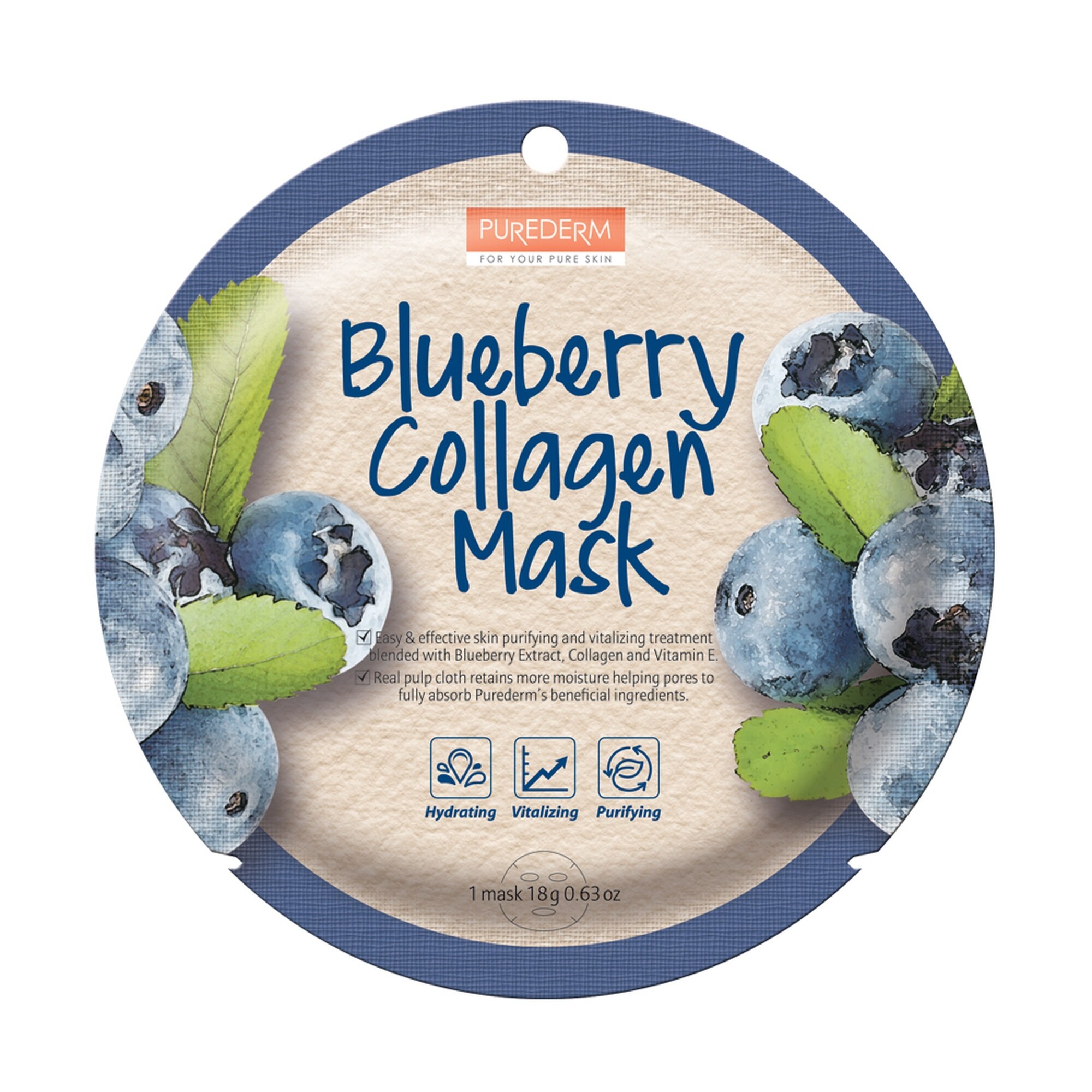 18 G PUREDERM MASK Fátyolmaszk-Blueberry Collagen 1 of 1 Fátyolmaszk-Blueberry Collagen
